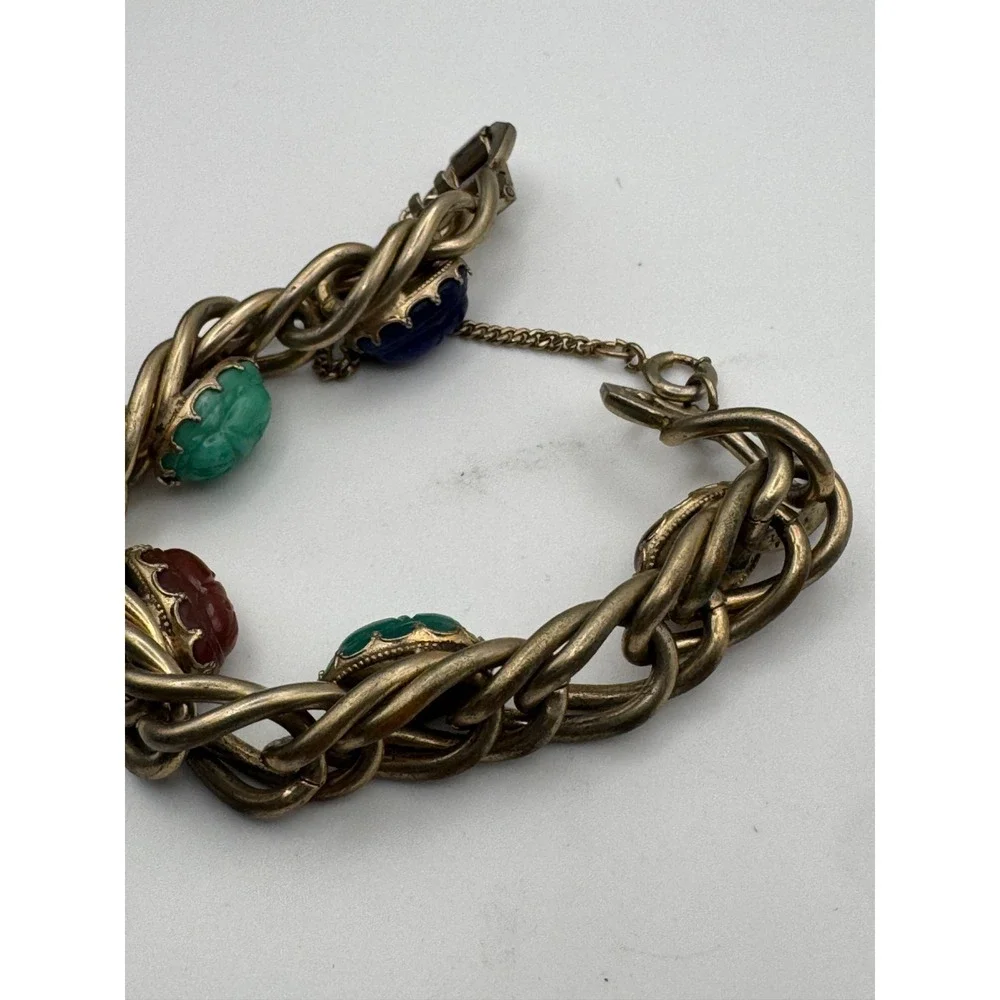 Vtg Kafin NY Scarab Bracelet Multi Stone Carved Beetle Double Chain MCM Egyptian